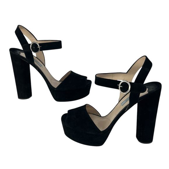 Prada Suede Platform Peep Toe Heels in Black - Picture 3 of 14